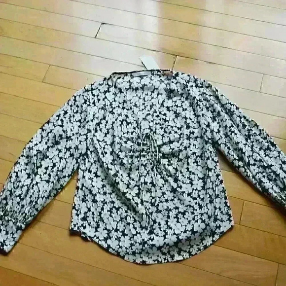 Rebecca Taylor | Black & White Floral Drawstring Paige Fleur V-Neck Top Size 0 - Picture 2 of 12